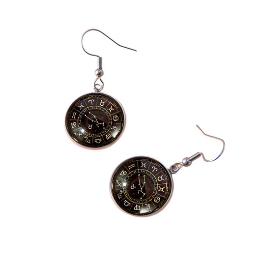 Earrings of the astrological ecliptic. The ecliptic is black and the astrological zodiac symbols are white. The earring hooks are silver. 